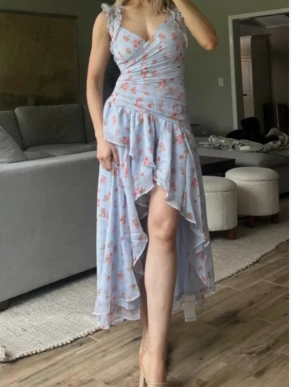 Abercrombie & Fitch Floral High-Low Ruffle Maxi Dress Blue Pink